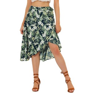 Allegra K Women's Tie Waist Hawaiian Tropical Floral Wrap Midi Skirt - 1 of 4