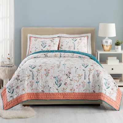 Full/queen 3pc Mayflower Floral Quilt Set Red/green - Makers Collective :  Target