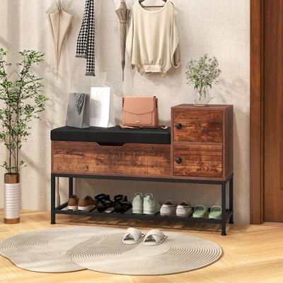 Rustic Brown and Black Entryway Bench with Storage and Shoe Rack