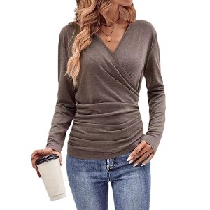Coolmee Women's Long Sleeve Blouses Dressy Casual Elegant Wrap Tops V Neck Work Shirts Fall Business Outfits - 1 of 4