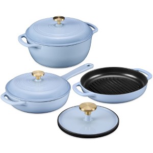 Best Choice Products 6-Piece Enameled Cast Iron Cookware Set, 6QT Dutch Oven W/ Lid, 2QT Skillet W/ Lid, Grill Pan, Grill Press - Cornflower - 1 of 4