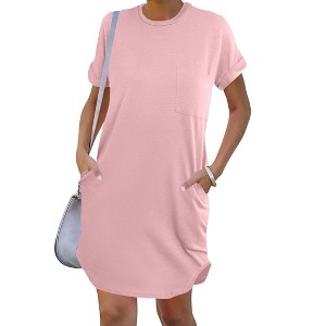Ekouaer Tshirt Nightgowns for Women Slub-Knit Sleepshirt Soft Night Gown Casual Sleepwear Night Shirt with Pockets Pink L