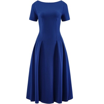 INSPIRE CHIC Women's Boat Neck Short Sleeve Pleated Work A-Line Midi Dress