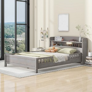 Full Size Platform Bed with Built-in LED Light and Storage Shelves Headboard, Guardrail Platform Bed Frame, No Box Spring Needed - 1 of 4