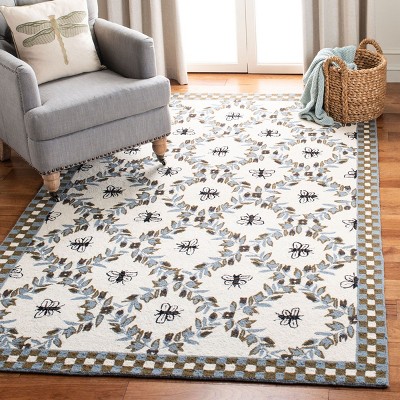 Ivory Floral Hand-Hooked Wool Rectangular Area Rug