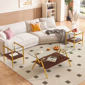 NicBex Coffee Tables for Living Room Modern Rectangle Coffee Table End tables Set of 3 with Clear Tempered Glass Top and Brown MDF layer, Transparent - 1 of 4