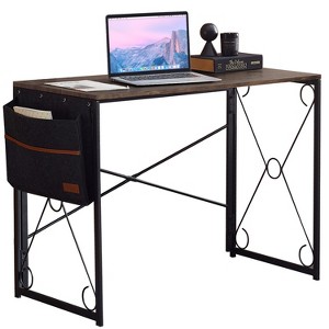VECELO 39 in. Writing Computer Folding Desk/Sturdy Steel Laptop Table with Storage Bag for Home or Office, Black/Brown/Gray - 1 of 4