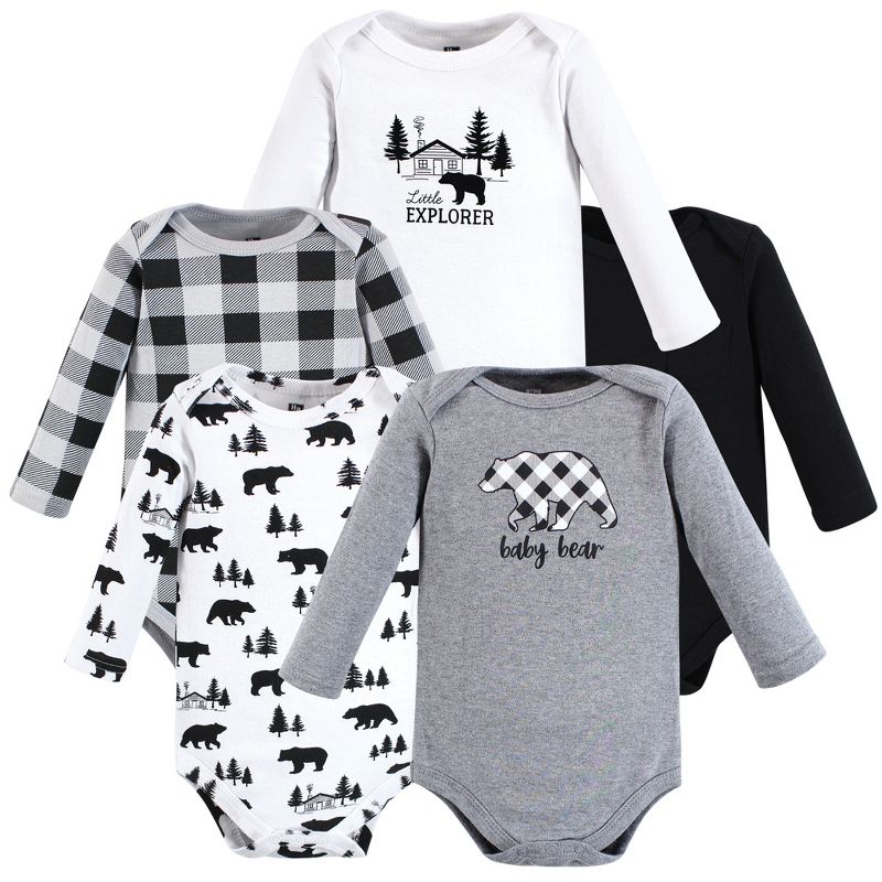Hudson Baby Infant Boy Cotton Long-Sleeve Bodysuits, Baby Bear Gray Black 5-Pack, 1 of 9