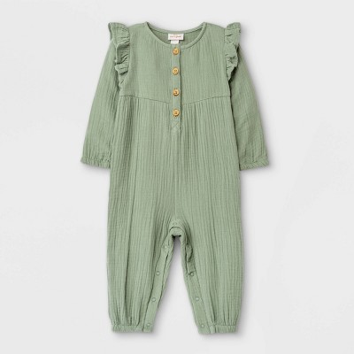 Image of Baby Girls' Gauze Long Sleeve Romper - Cat & Jack™ Green 0-3M