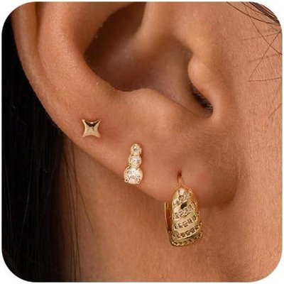 Gold Hoop Earrings Set for Women Trendy, 14K Gold Plated Chunky Hypoallergenic Small Diamond Cartilage Hoops Cute Cubic