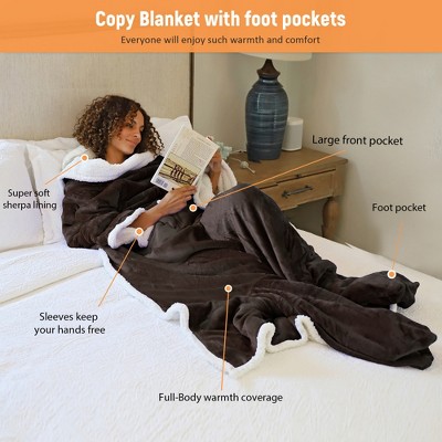 Brown Sherpa Fleece Wearable Blanket with Sleeves and Foot Pockets