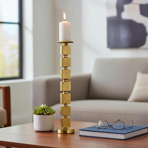Decorative Stacked Cube Candle Holder for Home Decor - Contemporary Candlestick Holder for Dining Table Centerpiece - 24", Gold - 1 of 4