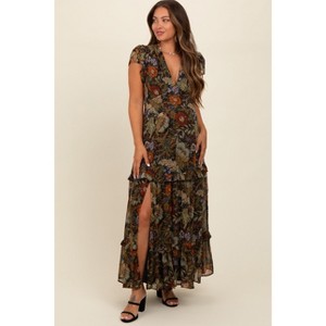 Pinkblush Black Floral Deep V-Neck Tiered Maternity Maxi Dress - 1 of 4