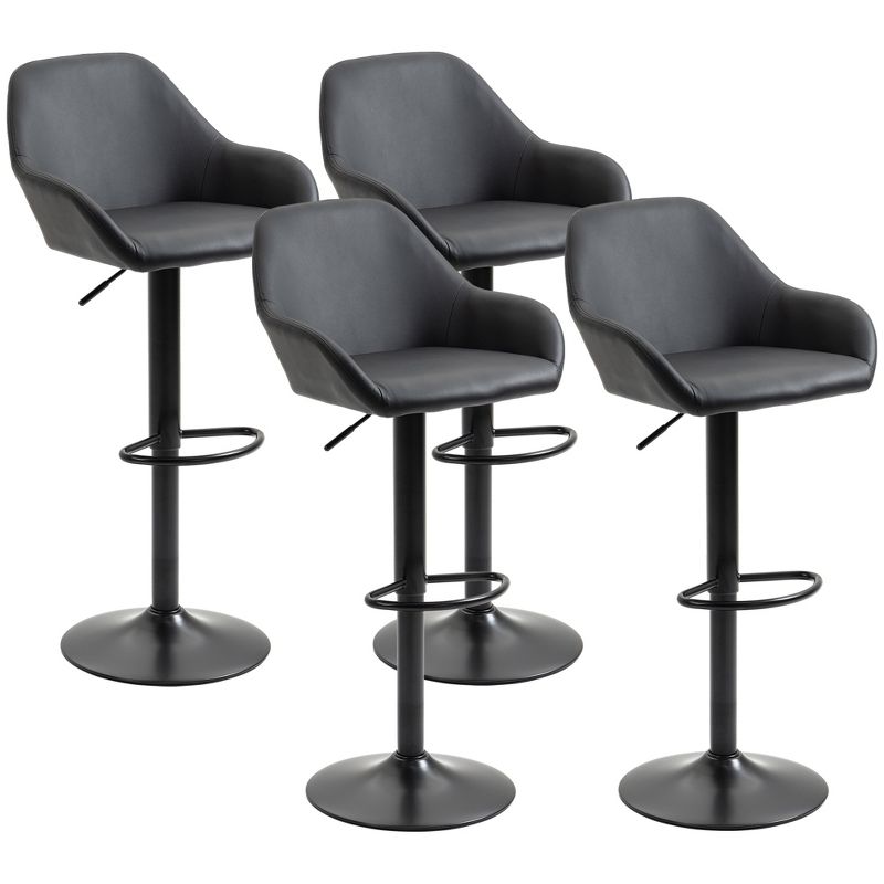 HOMCOM Adjustable Bar Stools Set of 4, Swivel Barstools with Footrest and Back, PU Leather and Steel Round Base, for Kitchen Counter, Black, 1 of 7