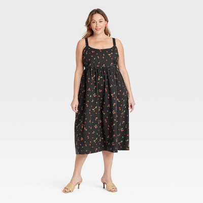 Women's Midi Empire Waist Dress - Ava & Viv™ Black Strawberries 2X