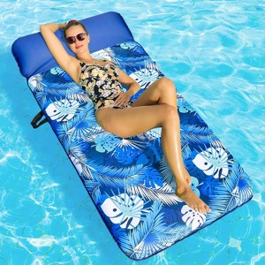 Jasonwell Oversized Pool Float Lounge, 72" X 37" XL Fabric-Covered Inflatable Contour Lounger with Headrest, Cooling Pool Raft, Palm Leaves Blue - 1 of 4