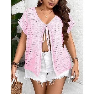 Coolmee Women's Crochet Shrug Sweater Tie Front Knit Bolero Shrug Cropped - 1 of 4