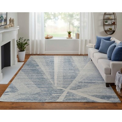 Ivory and Blue Hand-Knotted Wool and Viscose Abstract Rug
