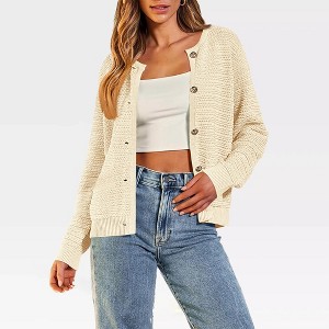 Women's Round Neck Cable Knit Sweater Cardigan with Front Button Down and Long Sleeve Open Front Design - 1 of 4