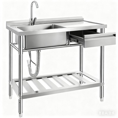 Stainless Steel Sink with Drawers and Adjustable Shelves, Commercial Kitchen Sink, Heavy-Duty Worktop, Suitable for Restaurants, Garages, and Outdoor