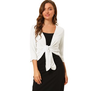 Allegra K Women's Open Front Solid Self Tie Lightweight 3/4 Sleeve Shrug Cardigan - 1 of 4
