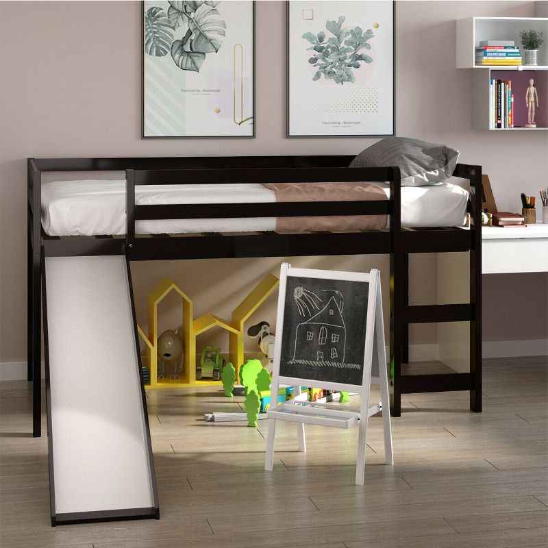 Tangkula Twin Size Loft Bed with Slide Wood Low Sturdy Loft Bed for Kids Bedroom Espresso, 2 of 11