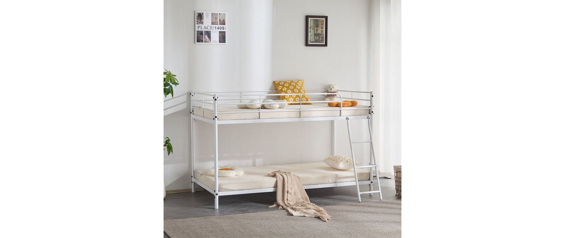Karl Home White Twin Size Metal Bunk Bed for Kids Teens Adults, Heavy Duty Metal Bunk Bed with Ladder