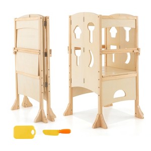Costway Folding Kitchen Kids Step Ladder Stool Wooden Toddler Safety Tower Helper Coffee/White - 1 of 4
