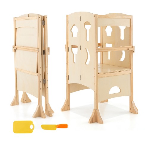 Costway Folding Kitchen Kids Step Ladder Stool Wooden Toddler Safety Tower  Helper Natural