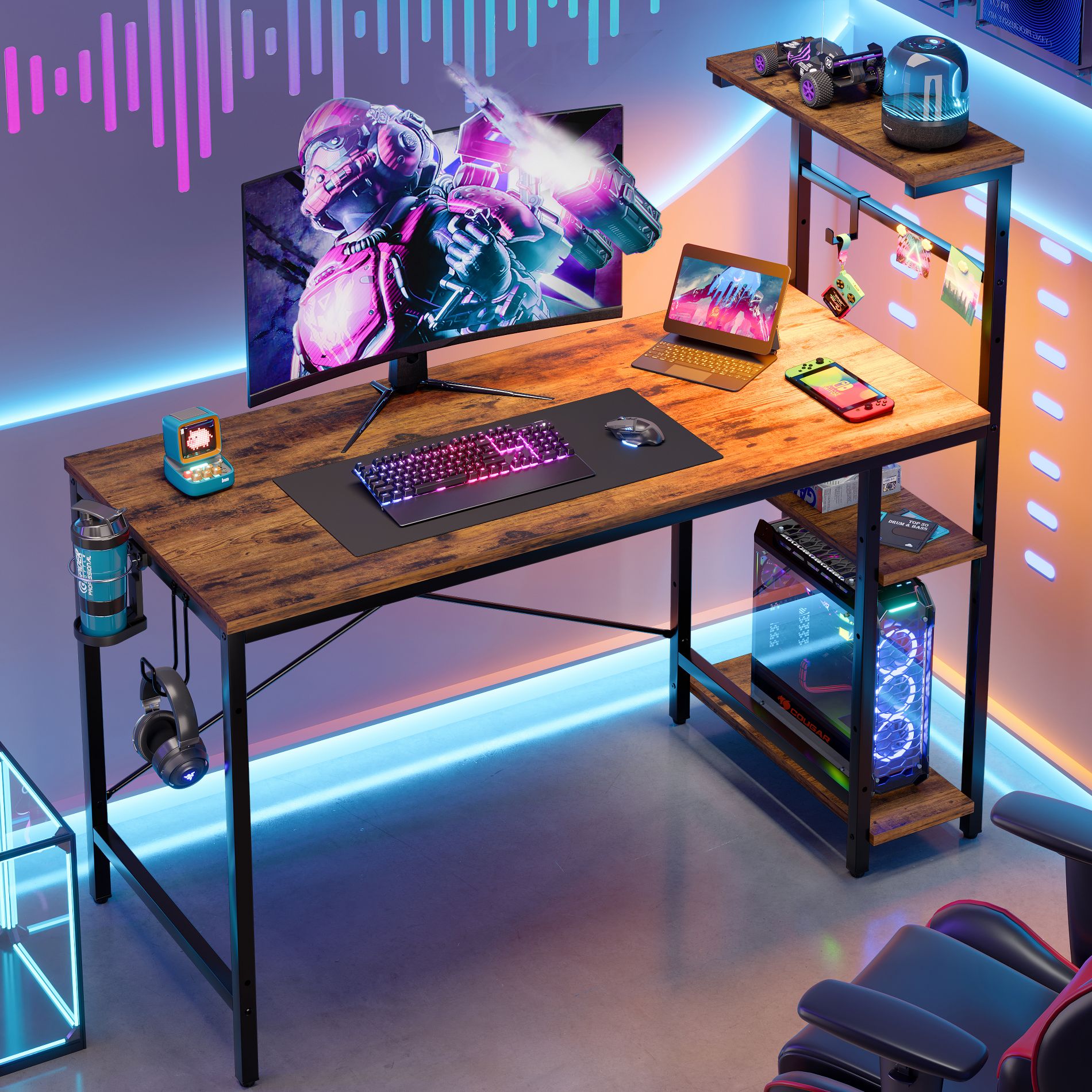 Bestier 44inch Gaming Desk with RGB LED Light– Reversible 4-Tier Storage Shelves, Hooks, Cup holder and Magnets Rustic Brown