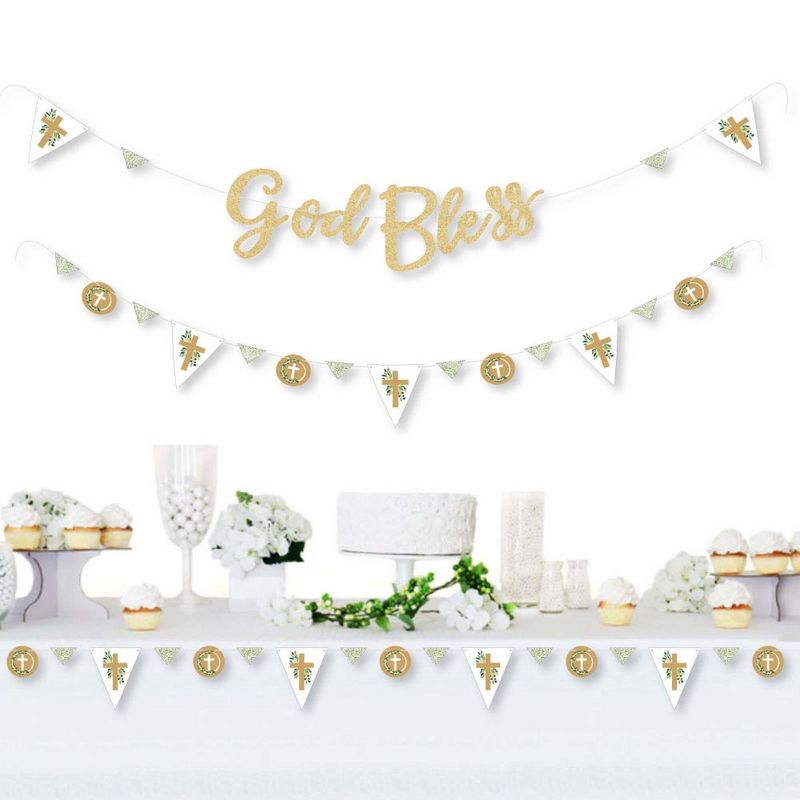 Big Dot of Happiness Elegant Cross -  Party Letter Banner Decor- 36 Banner Cutouts and No-Mess Real Gold Glitter God Bless Banner Letters, 2 of 9