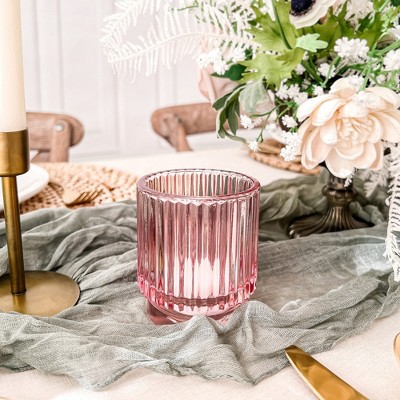 Blush Pink Ribbed Glass Votive Candle Holders Set of 6