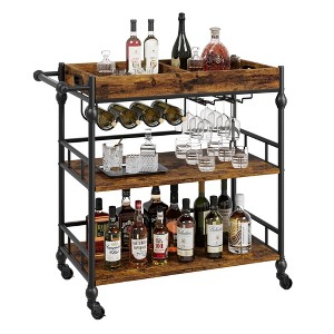 Jojoka 3-Tier Industrial Bar Cart with Wine Rack, Glass Holder, and Removable Tray - 1 of 4