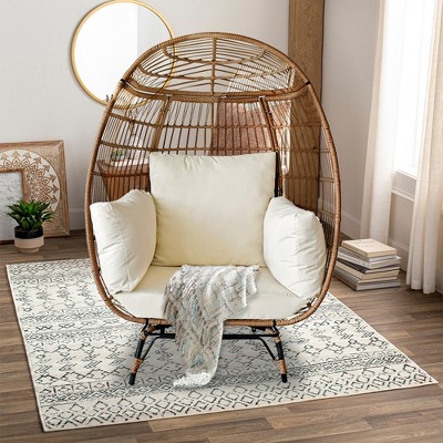SUGIFT Wicker Egg Chair Outdoor Indoor Oversized Lounger with Stand and Cushions, 440lb Capacity , Beige