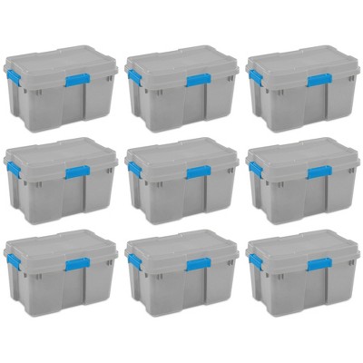 Sterilite 30 Gallon Heavy Duty Plastic Storage Container Box with Lid and Latches for Home or Office Organization, Grey/Blue (9 Pack)