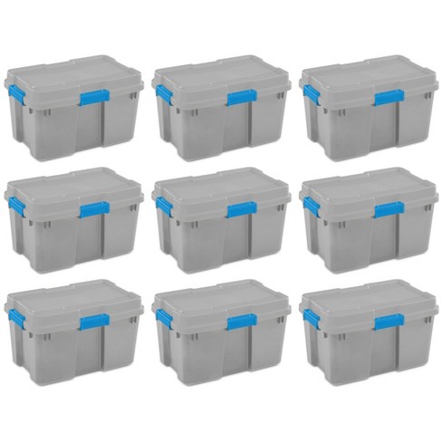 Sterilite 18336a03 30 Gallon Heavy Duty Plastic Storage Container Box With Lid And Latches Grey Blue 9 Pack Target