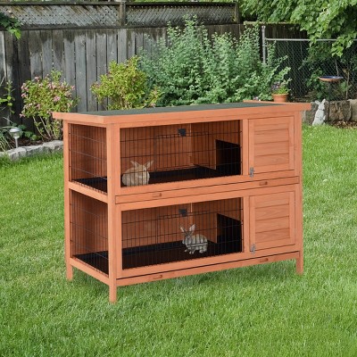 2 Story Outdoor Wooden Rabbit Hutch,54'' Bunny Cage with Waterproof Roof and Lockable Doors-LAOTIES