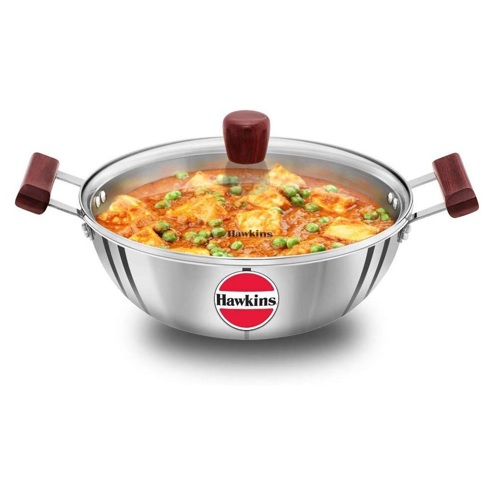 Hawkins 4L Tri Ply Stainless Steel Induction Compatible Deep Fry Pan Kadhai with Glass Lid: Hand Wash, Gas & Induction Safe