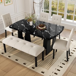 6-Piece Faux Marble Dining Table Set, Geometric Legs, 4 Tufted Upholstered Chairs & Bench - ModernLuxe - 1 of 4