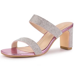 Allegra K Women's Rhinestone Open Square Toe Chunky Heel Slide Sandals - 1 of 4
