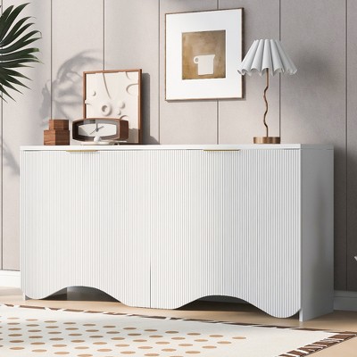 63.2"W Vertical Stripes and Wavy Design of 4-Door Sideboard Buffet Servers, Storage Cabinet 4S - ModernLuxe