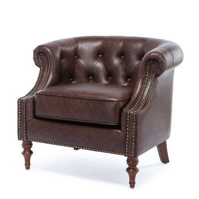 Chesterfield Brown Faux Leather Barrel Accent Chair