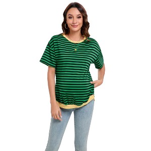 Maternity Shirts Women's Casual Floral Print Tops Pregnancy Puff Short Sleeve Striped Ruched Side Tunic Top - 1 of 3
