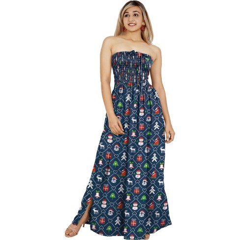 La Leela Women s A Line Slit Smocked Maxi Casual Beach Dress Ruched Tube Top Evening Long Strapless Christmas Tree Dresses For Women L xl Blue Target