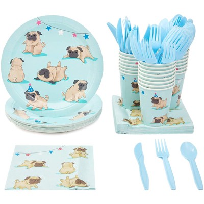 Blue Panda 144-Piece Serves 24 Pug Party Supplies - Disposable Plates, Napkins, Cups & Cutlery