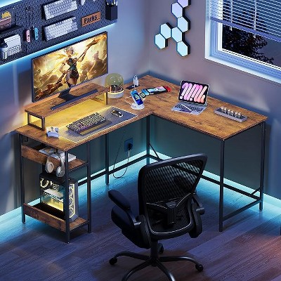 GALAXHERO 55 Inch L-Shaped Gaming Desk with Power Outlets & LED Lights, Corner Desk with Hook, Convertible Office Desk for Bedroom