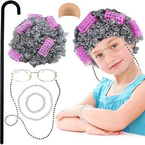 4E's Novelty Old Lady Costume for Kids 7 Pcs Set - for 100 Day of School Grandma Costume for Girls, Gray Curly Wig - 1 of 4