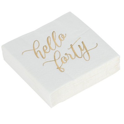 Blue Panda 50-Pack Disposable Paper Napkins Party Supplies, 3-Ply, Hello Forty Gold Foil Print, Folded 5x5"