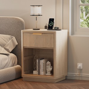 Fluted Farmhouse Night Stand, Fluted Nightstand with Charging Station, FlutedNightstand Bedroom with Drawers, Modern Mid Century Bedside Table - 1 of 4