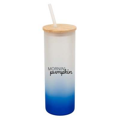 Elanze Designs Mornin' Pumpkin Fall Season Wrap-Around Design 25 Ounce Frosted Gradient Glass On-The-Go Coffee Travel Skinny Tumbler Mug Cup, Bamboo